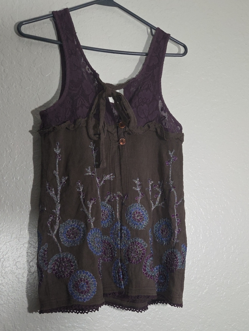 Boho Embroidered Tank with Lace Neckline. 2 Button Top Close, Open Mid Drift.